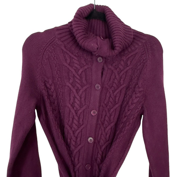 Talbots Angora Blend Plum Turtle Neck Cable Knit Button Down Cardigan (S) - Picture 8 of 14